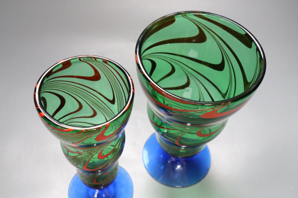 Two Orrefors coloured glass vases, height 25cm